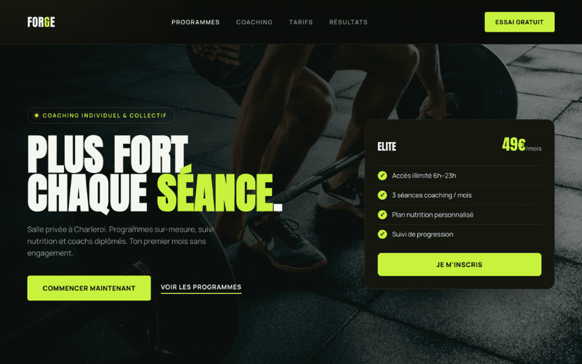 Landing page FORGE, salle de sport